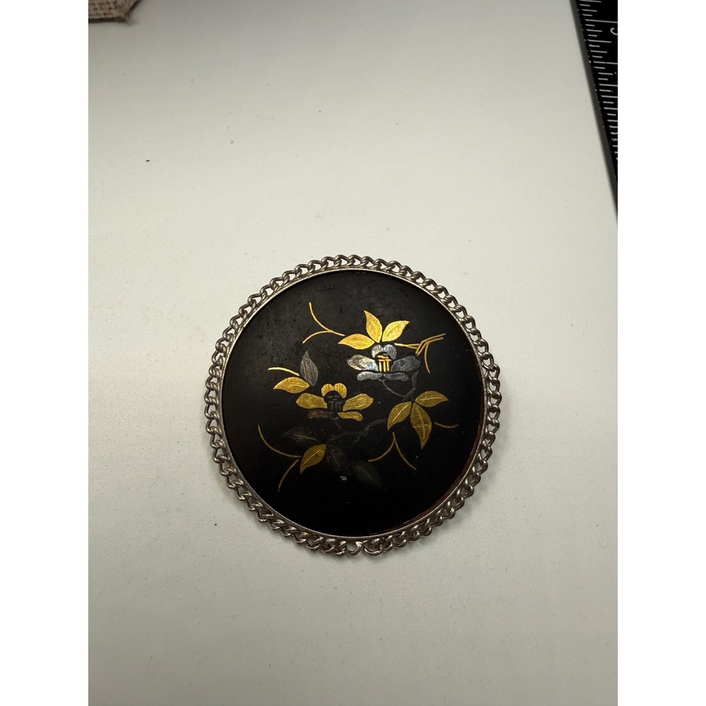 Vintage Amita Damascene Japanese‎ Floral Brooch Pendant Gold Silver Inlay 1.5"